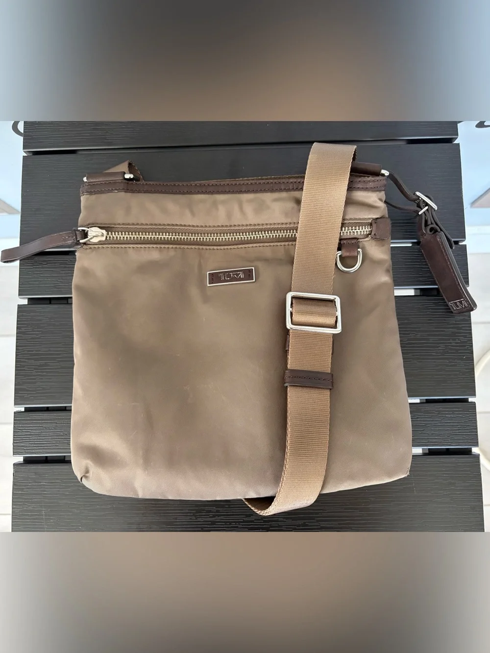 GUC Tumi Voyager Taupe Nylon Crossbody Messenger Bag with Leather Trim
